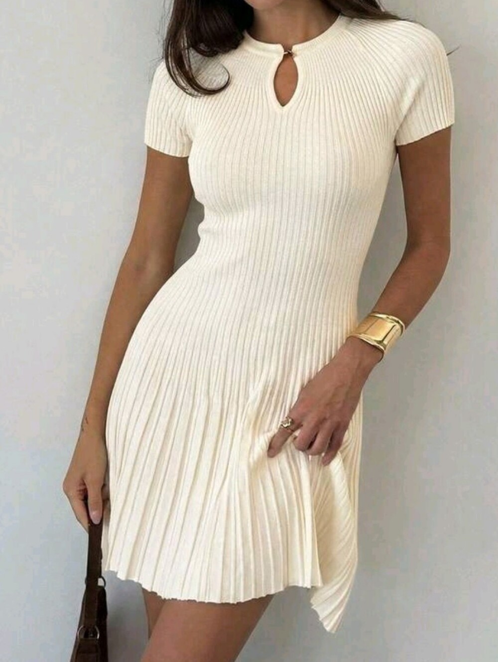 Women's Cream Ribbed Knit Fit-and-Flare Dress
